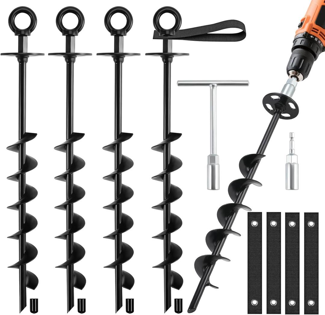 Ground Anchors Screw in - Heavy Duty Trampoline Anchors/Stakes for High Wind, 4 Pack Earth Anchor Kit with Straps and Wrenches for Swing Set, Trampolines, Shed, Mobile Home, Carport, Gazebo