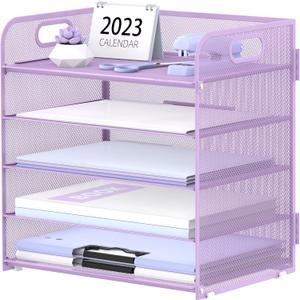 Supeasy 5 Trays Paper Organizer Letter Tray with Handle-Mesh Desk File Organizer, Paper Sorter Desk Organizer for Office, Home or School (Purple)