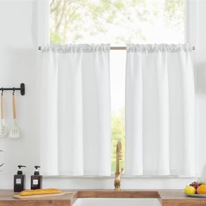 jinchan Linen Textured Tier Curtains Rod Pocket Flax Linen Look Tier Curtains for Kitchen Living Room Farmhouse Window Treatments Room Darkening 2 Panels 24 Inch White