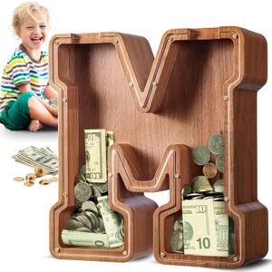 Summidate Large Wooden Piggy Bank for Kids Adults, Alphabets Letter A-Z Piggy Bank for Boys Girls, Coins Bills Change Bank Box Personalized Initial Name Kids Money Bank for Birthday Present and Decor
