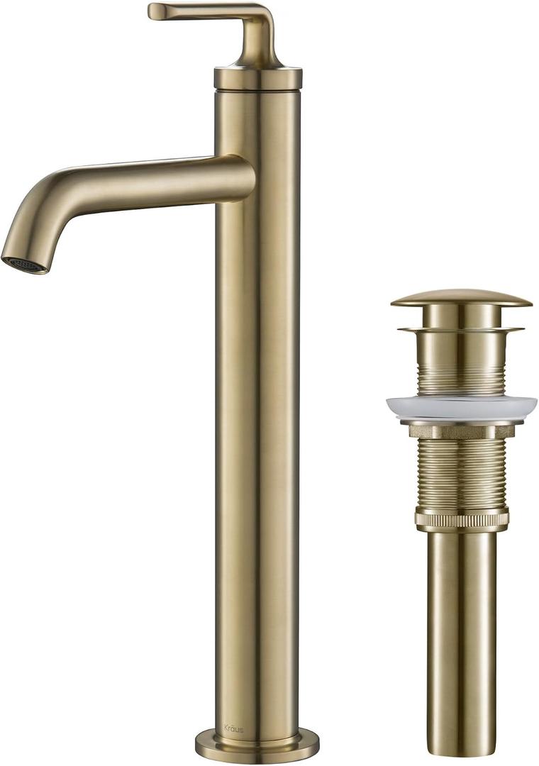 KRAUS Ramus Single Handle Vessel Sink Bathroom Faucet with Pop-Up Drain in Brushed Gold, KVF-1220BG