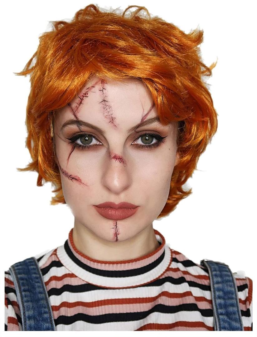 ALLAURA Evil Killer Doll Wig Orange Halloween Wig Includes Scar Tattoos Anime Cosplay Halloween Costume