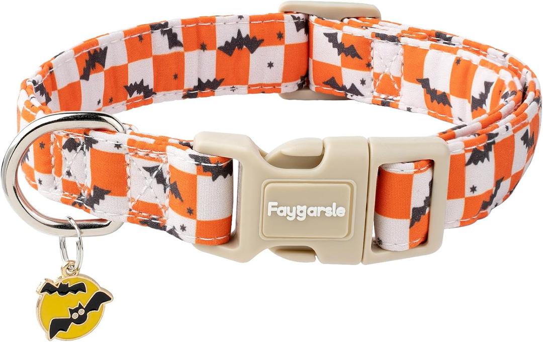 2 x Faygarsle Halloween Dog Collar with Charm, Orange and White Checkered with Bats Pattern,for Small Medium Large Dogs L