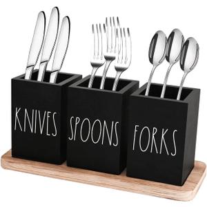 CHONIC Farmhouse Silverware Holder, Rustic Wood Silverware Caddy with Tray, Spoon Fork Knives Flatware Dispenser, Utensil Countertop Organizer, Plastic Cutlery Holder for Kitchen Party (Black)