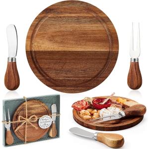 Maxcheck 1 Set Baby Shower Bridal Game Prizes for Winners Round Cheese Board Set Wood Mini Charcuterie Board with Knives and Forks Thank You Card with Gift Box for Guests Wedding (Acacia)
