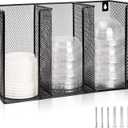 Wall Mount Coffee Cup Lid Holder Organizer 3 Compartments Coffee Cup Lid Dispenser Black Metal Mesh Disposable Cup and Lid Storage for 8-24 Oz Capacity Cup Lid Kitchen Restaurant Coffee Bar Office