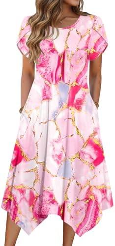 Zeagoo Women's Casual Dress for Summer Short Sleeve Loose Flowy Beach Dress with Pockets Hanker chief Flare Midi Sundress 2026, XL