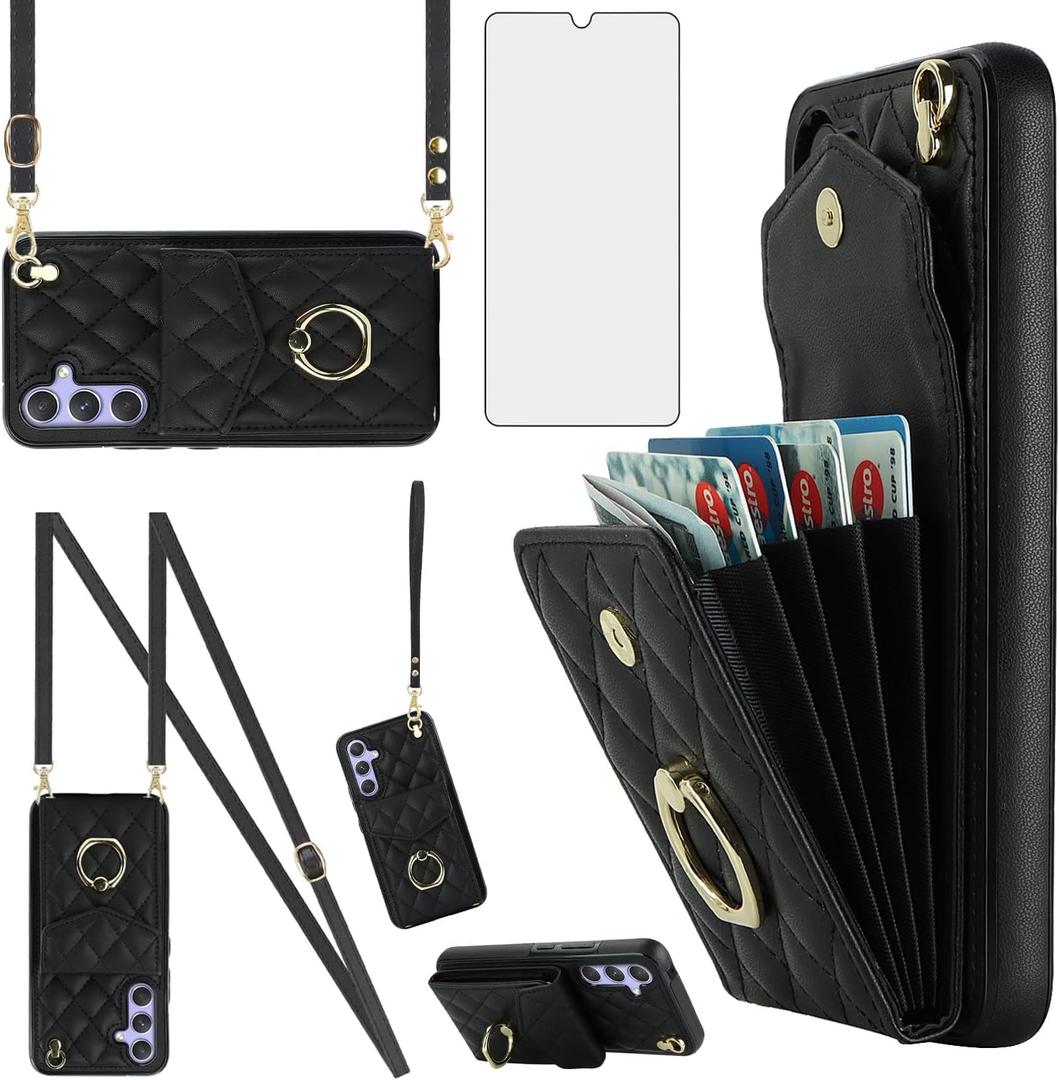 Asuwish Phone Case for Samsung Galaxy S25 5G Wallet Cover with Tempered Glass Screen Protector and Crossbody Wrist Strap Ring Stand RFID Blocking Card Holder Leather Cell S 25 25S G5 Women Girls Black