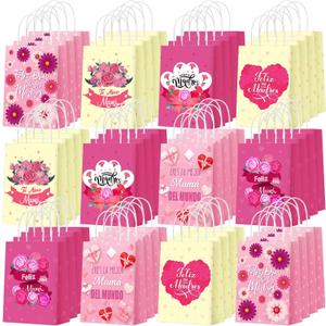Yeaqee 48 Pcs Happy Mother's Day Party Favors Bags Mother's Day Goodie Paper Bags with Handles Pink and Red Mom Heart Flowers Gift Candy Treat Pouch for Mom Party Supplies Decoration, 1 count
