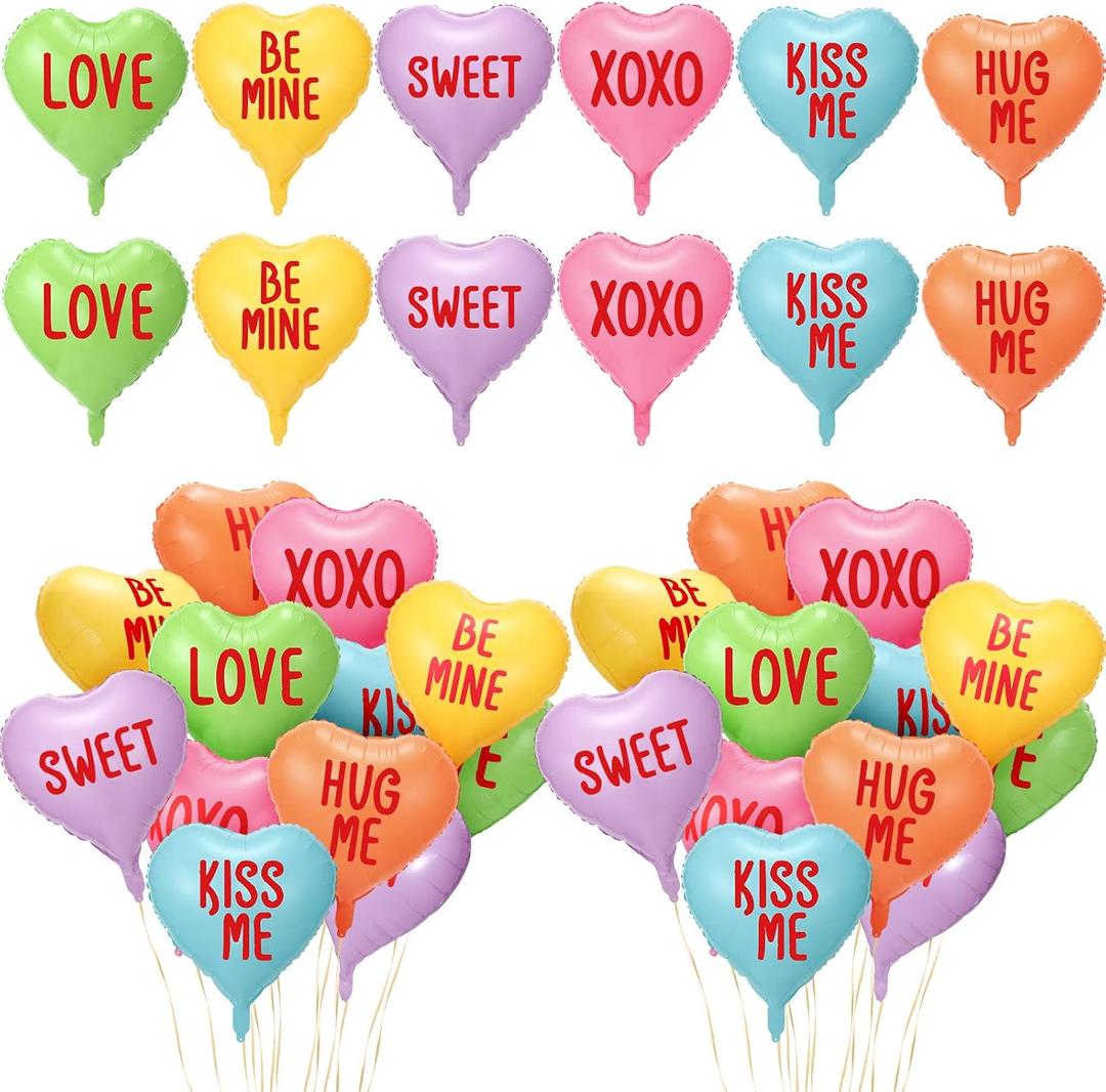 30 Pcs Valentine's Day Candy Heart Balloons 18 Inch Foil XOXO Be Mine Love Sweet Pink Heart Helium Balloons Set for Valentine's Day Wedding Anniversary(Colorful)
