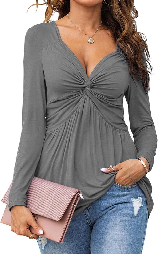 Tankaneo Women V-Neck Front Knotted Blouse Shirt Long Sleeve Elegant Casual T-Shirt Solid Color Pullover Tops (Small, B26-gray)