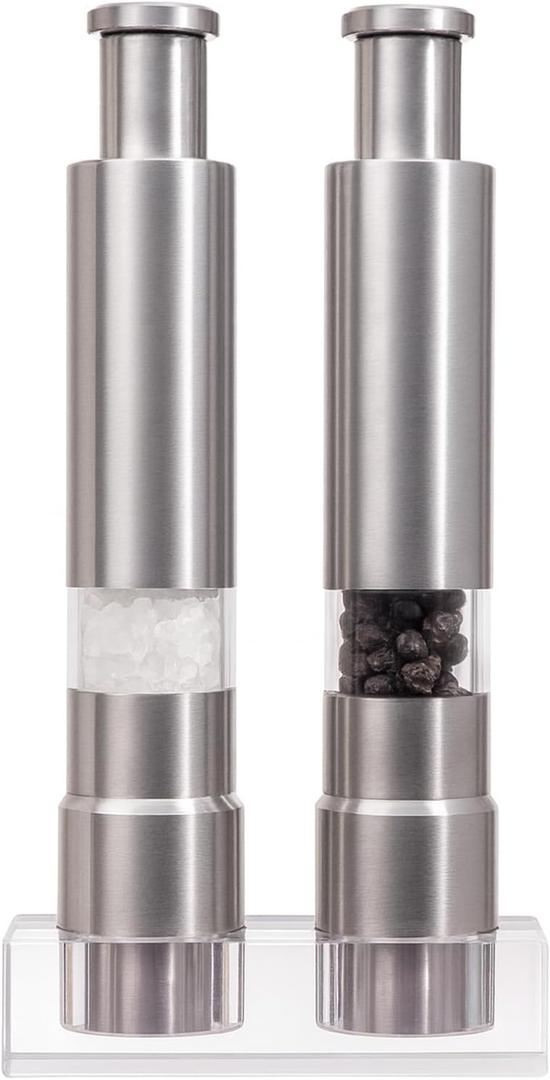 Salt and Pepper Grinder Set, Pump & Grind Peppermill, 2 Refillable Stainless Steel Mills with Thumb Press, One-Handed Salt and Pepper Grinder with Clear Acrylic Stand for Kitchen and Dining