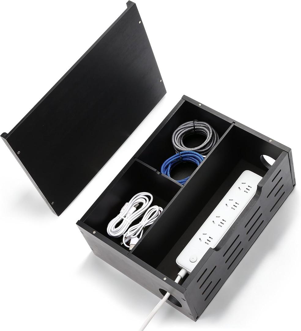 Wooden Cable Management Box Sleek Cord Organizer & Power Strip Organzer Box Large Wire Hider for Power Strips, Chargers and Desk Cables Floor Cord Covers Neat Storage for, Routers and USB Hubs