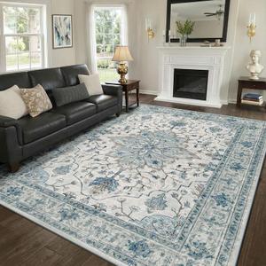 RELEANY Washable Area Rug, 8'x10', Blue/ White/ Gray