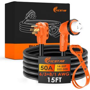 50 Amp Generator Cord 15 ft, Heavy Duty 6/3+8/1 STW AWG 50 Amp RV Extension Cord with Grip Handle Twist Lock, NEMA 14-50P to SS2-50R with Polarity Lamp and Power Indicator