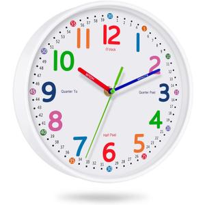 Silent Kids Wall Clock Non-Ticking, Battery-Powered, Ideal for Teaching Time and Stylish Dcor in Any Room - 12 Inch
