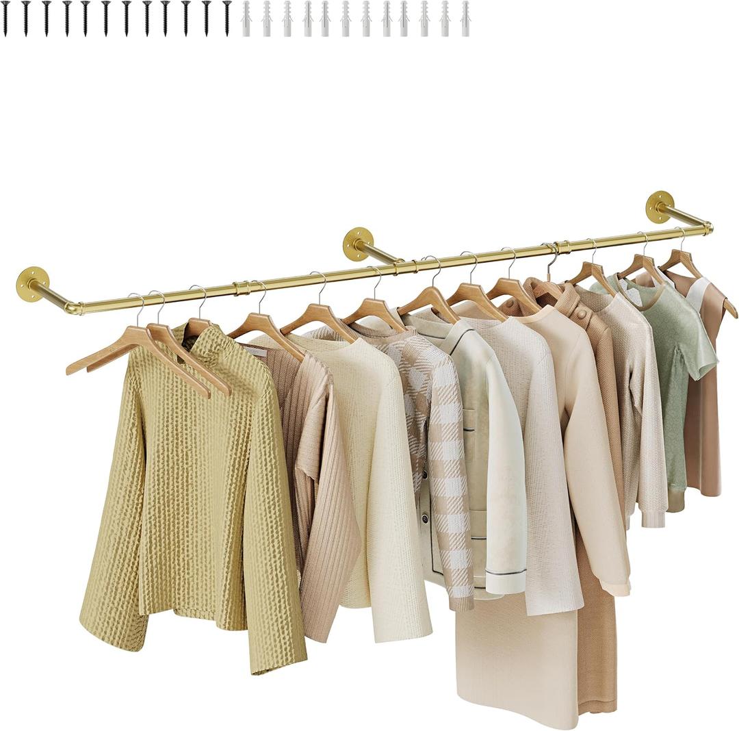 Wall Mounted Clothes Rack, Industrial Pipe Clothing Rack 60 Inch Gold, Wall Clothes Hanger for Bedroom, Cloakroom, Closet, Hallway, Boutique Display, Drying Racks Wall-Mount for Laundry