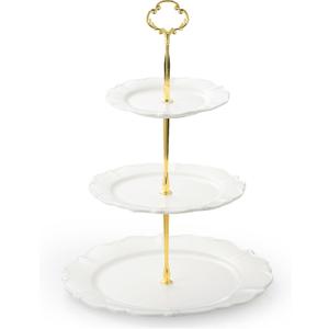 3 Tier Cupcake Stand, Ceramic Tiered Serving Stand, Relief Dessert Tower Tray, Cupcake Holder Tower for Birthday, Baby Shower, Tea Party and Wedding (White)