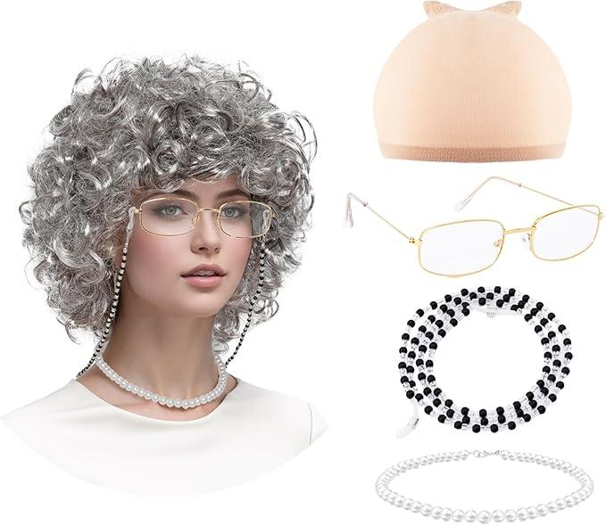 Fumwase 5PCS Old Lady Costume Cosplay Grandma Granny Wig Madea Granny Glasses for Halloween Party Wigs 100 Days of School for Women Adult (Brown)
