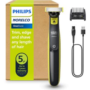 Philips Norelco One 360 Hybrid Face, Electric Beard Trimmer and Shaver, with 360 Technology, 1x 360 for Face, 5in1 Adjustable Comb, Model QP2724/90 (Black & Lime Green)