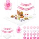 Thenshop Large Outdoor Picnic Blanket with Happy Birthday Banner Balloons Picnic Pink Birthday Party Decor Balloon Stand Kits for Camping Outdoor Backyard Party Decor(Pink)