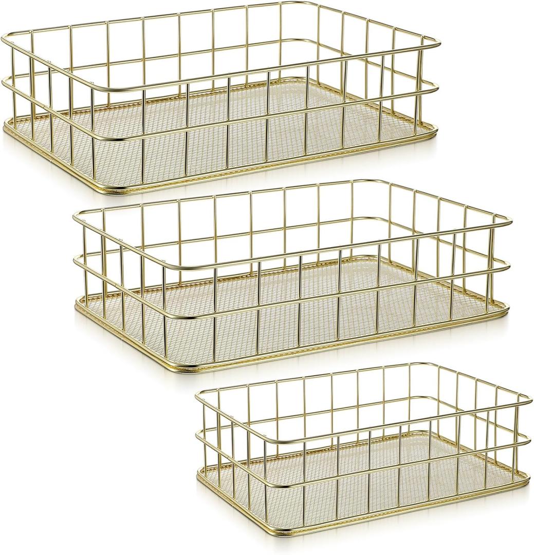 3 Pcs Gold Metal Basket, Gold Wire Baskets for Organizing Wire Mesh Storage Bin Shelf Basket Organizer Storage Baskets for Home Kitchen Bathroom Desk Cosmetic Stationery(9.4"x6.5", 6.8"x4.8")