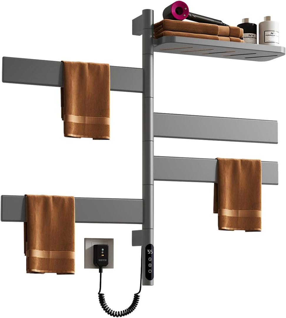 Rotatable Heated Towel Warmer with Shelf,2.75" Larger Towel Bar, 2-3 Minutes to 131F,Plug-in/Hard-Wired Wall Mounted Towel Rack with Timer and Multi-Stage Temperature Regulation,Grey