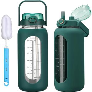 42oz Glass Water Bolttles with Straw Half Gallon Large Motivational Water Bottle with Time Marker Sports Water Bottles with Silicone Sleeve and Handle Lid Water Jug for Gym Workout (Dark Green)