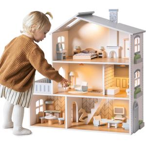 ROBOTIME Wooden Dollhouse, Wooden Doll House with 29 Pieces of Furniture, 6 Rooms Fits 4-6 Inch Dolls, Gift for Kids Ages 3+, One Size