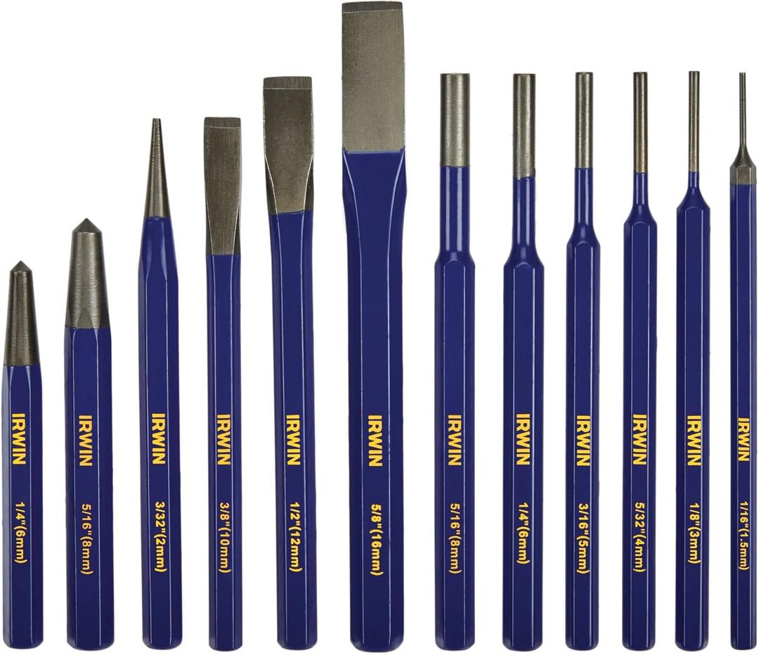 IRWIN Chisel Set, Chisel and Punch, 12-Pack with Various Sizes, Tempered for Durability, Great for Woodworking (IRHT82529)
