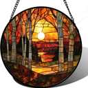 Stained Glass Window Hanging, Orange Red Landscape Forest Lake Moon Suncatcher for Doors Window Home Sun Catchers Decor Mother's Day Birthday Gifts for Women Men Mom 15 in