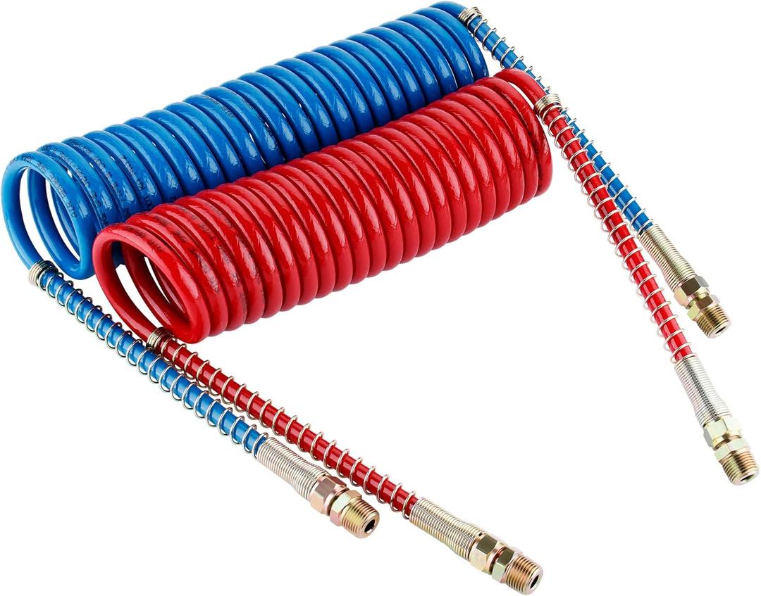 Air Brake Coiled Short Tail, Blue Service and Red Emergency Air Brake Cord, Assembly Brake Coil with 2 X 12" Lead, Truck Trailer Brake Coil Set