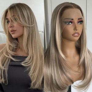 Honey Blonde Highlight Straight Lace Wig for Women Synthetic Lace Front Wig Ombre Brown Wig long Layered Yaki Straight Wig Pre plucked Frontal Wig for Daily 22Inch