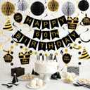 60th Birthday Decorations, Happy Birthday Banner with Honeycomb Balls, Gifts Hanging Swirl Streamers, Circle Dots Garland - Happy Birthday Party Decorations for Women Men (Black and Gold, 60th)