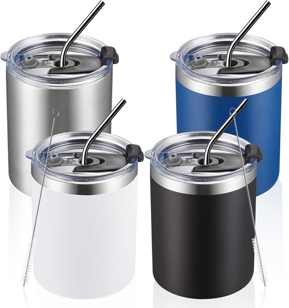 MEWAY 12 oz Lowball, Tumbler Stainless Steel Double Wall Vacuum Insulated Mug with Straw and Lid, Cleaning Brush Durable Powder Coated Insulated Coffee Cup for Cold & Hot Drinks (MIX,4 pack)