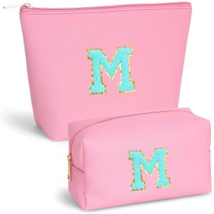 Initial Makeup Bag Set for Women, Personalized Letter Cosmetic Bags, Pink Zipper Makeup Pouch Set, Travel Toiletry Organizer, Birthday Gifts for Girls, Teens & Women 