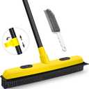 JEHONN Rubber Broom with Squeegee, Pet Hair Remover 52.8 inches Long Handle, Push Fur Removal Tool with Portable Detailing Lint Brush for Fluff Carpet, Window, Tile, Hardwood Floor Cleaning (Yellow)