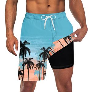 Goodstoworld Mens Swim Trunks with Compression Liner 9'' Inseam Quick Dry Swimsuit Shorts M-3XL (Large, Hawaiian Blue)