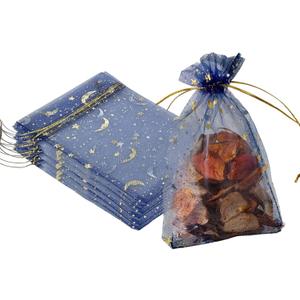 YHJZ 100PCS Moon Star Organza Bags, 4x6 inches (10x15cm) Small Mesh Bags Drawstring for Wedding, Party, Festival (Blue)