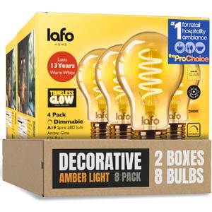 TimelessGlow 8 Pack Dimmable A19 LED Filament Bulb 5W 40W Equivalent Warm Amber 2000K E26 Base CRI80 Amber Glass Spiral Filament ETL FCC Certified Flicker Free Decorative Lighting