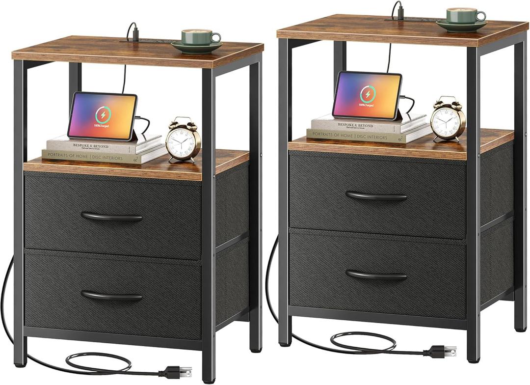 Huuger Nightstands Set of 2, End Tables with Charging Station, Side Tables with Fabric Drawers, Bedside Tables with USB Ports and Outlets, Night Stands for Bedroom, Rustic Brown and Black