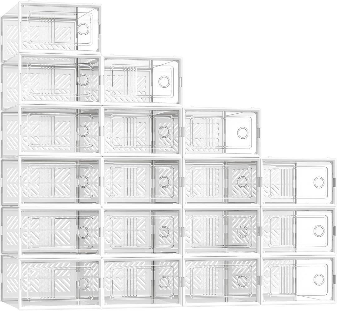 SONGMICS Stackable Shoe Boxes, Foldable Shoe Storage Organizers, Ventilated, for Max. Men's Shoes US Size 9 or Women's Shoes US Size 11, Sneakers, Set of 18, Transparent and White ULSP106W18V2