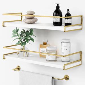 Forbena Floating Bathroom Shelves Wall Mounted, Aesthetic White and Gold Shelves for Bathroom Accessories, Modern Bathroom Organizer with Tower Bar for Wall Decor Storage Small Spaces, Set of 2, White/Gold