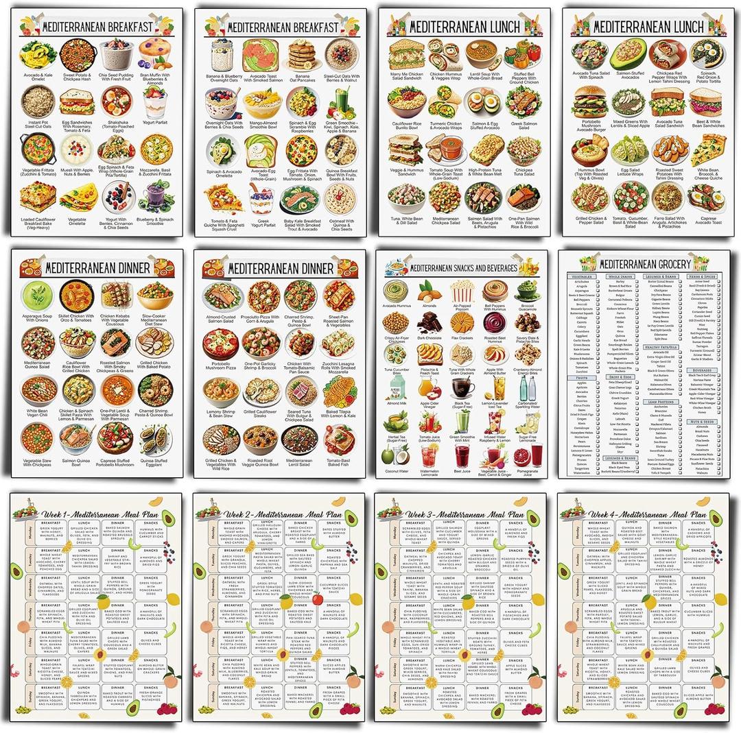 Sinload 12 Pcs Mediterranean Diet Food List Poster Diet Meal Plan Grocery Shopping List Health Food Guide for Kitchen Wall Decor