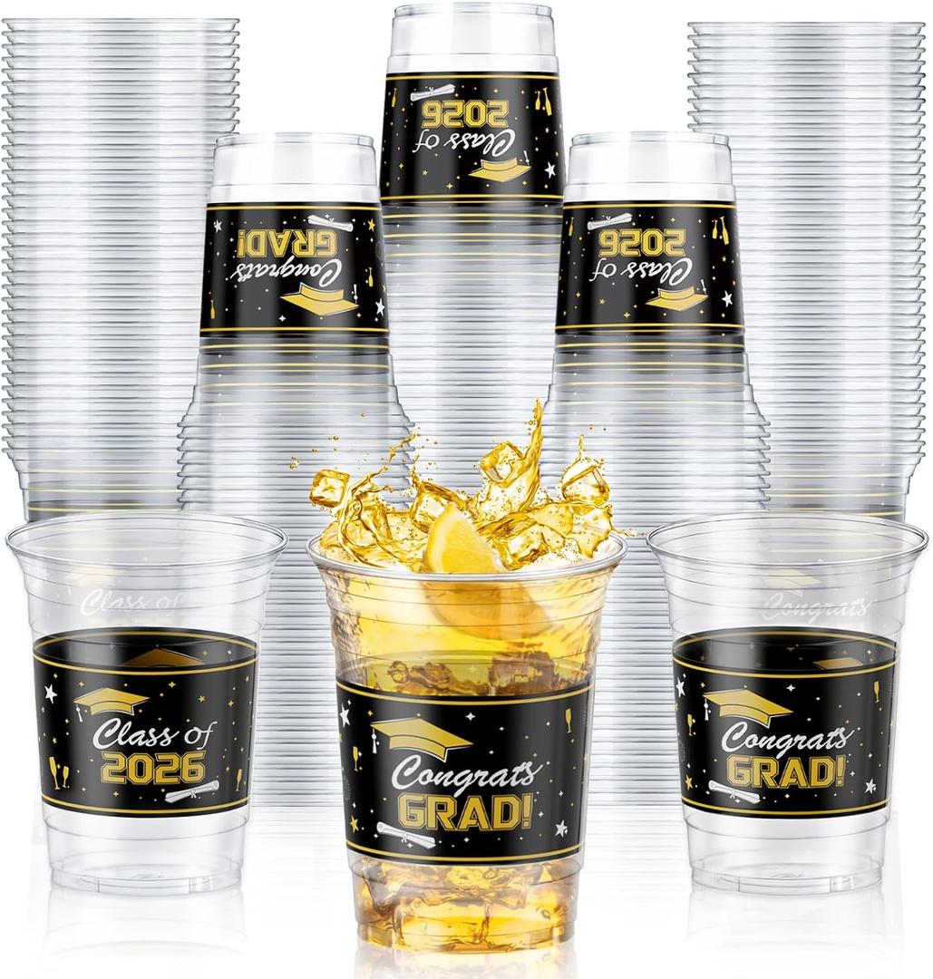 Graduation Cups 2026, Class of 2026 Cups, 48 Pack 16 oz Clear Plastic Graduation Cups, Black and Gold Congrats Grad Disposable Cups for Graduation Party Supplies