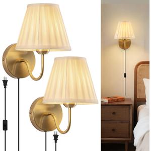Plug in Wall Sconces Set of Two, Fabric Shade Wall Light with On/Off Switch, Plug in Wall Mount Lamps Wall Decor Set of 2, Gold Sconces Wall Lighting Fixture for Bedroom Bedside Living Room Porch