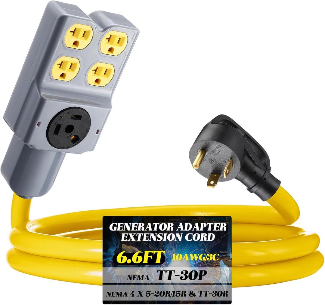 Kanayu 6.6 FT RV Generator Adapter Extension Cord Compatible with NEMA TT-30P to Four 5-20R/ 5-15R & TT-30R, 3 Prong RV Generator 30Amp to 15/20Amp Power Cord 125/250V 7500 Watts, ETL Listed