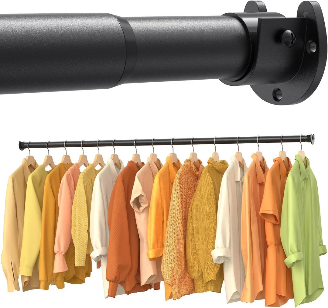 Closet Rods for Hanging Clothes, 17-54 Inch No-Cut Stepless Adjustable Closet Rod, 1.3 Inch Heavy Duty Metal Closet Hanging Rod with Brackets, Black Closet Bar for Closet, Laundry Room, RV, Wardrobes