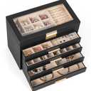 AKOZLIN 5-Tier Jewelry Box with Clear Glass Lid Functional Leather Jewelry Storage Organizer Case 4 Drawers for Women Girls Necklace Ring Bracelet Earring (Black-Gold)