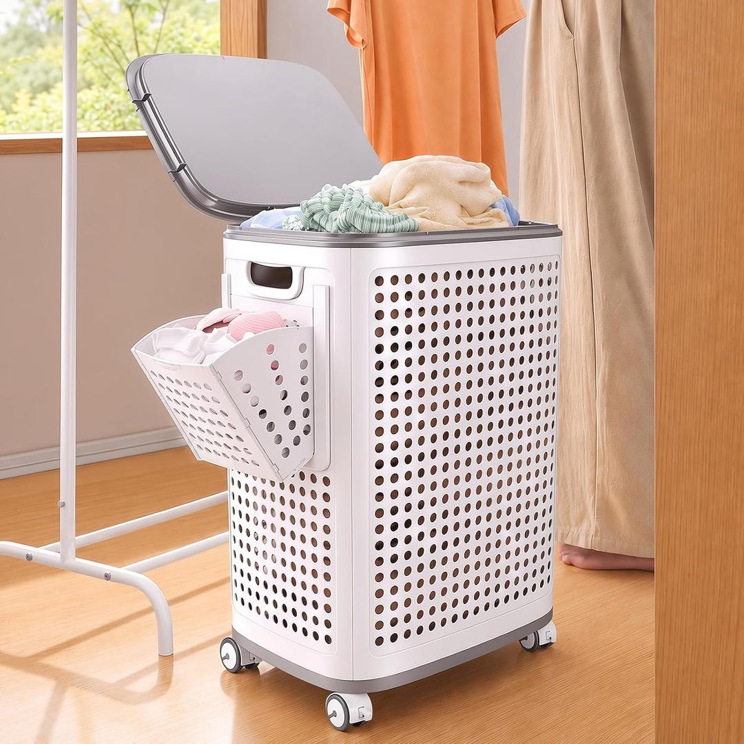 IMHO 85L Large Capacity Laundry Basket with Removable Lid and Liner - Sturdy and durable wheeled laundry basket, space-saving, Lockable 360° Wheels for Bathroom Bedroom Dorm Home Storage(White)